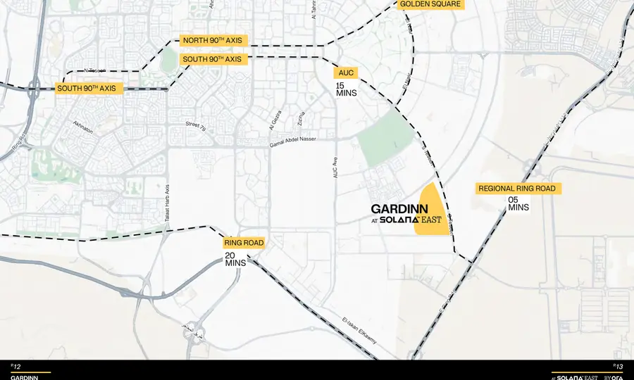 Gardinn at Solana East connectivity map (brochure): South 90th axis, Golden Square, AUC 15 minutes, Regional Ring Road 5 minutes, Ring Road 20 minutes
